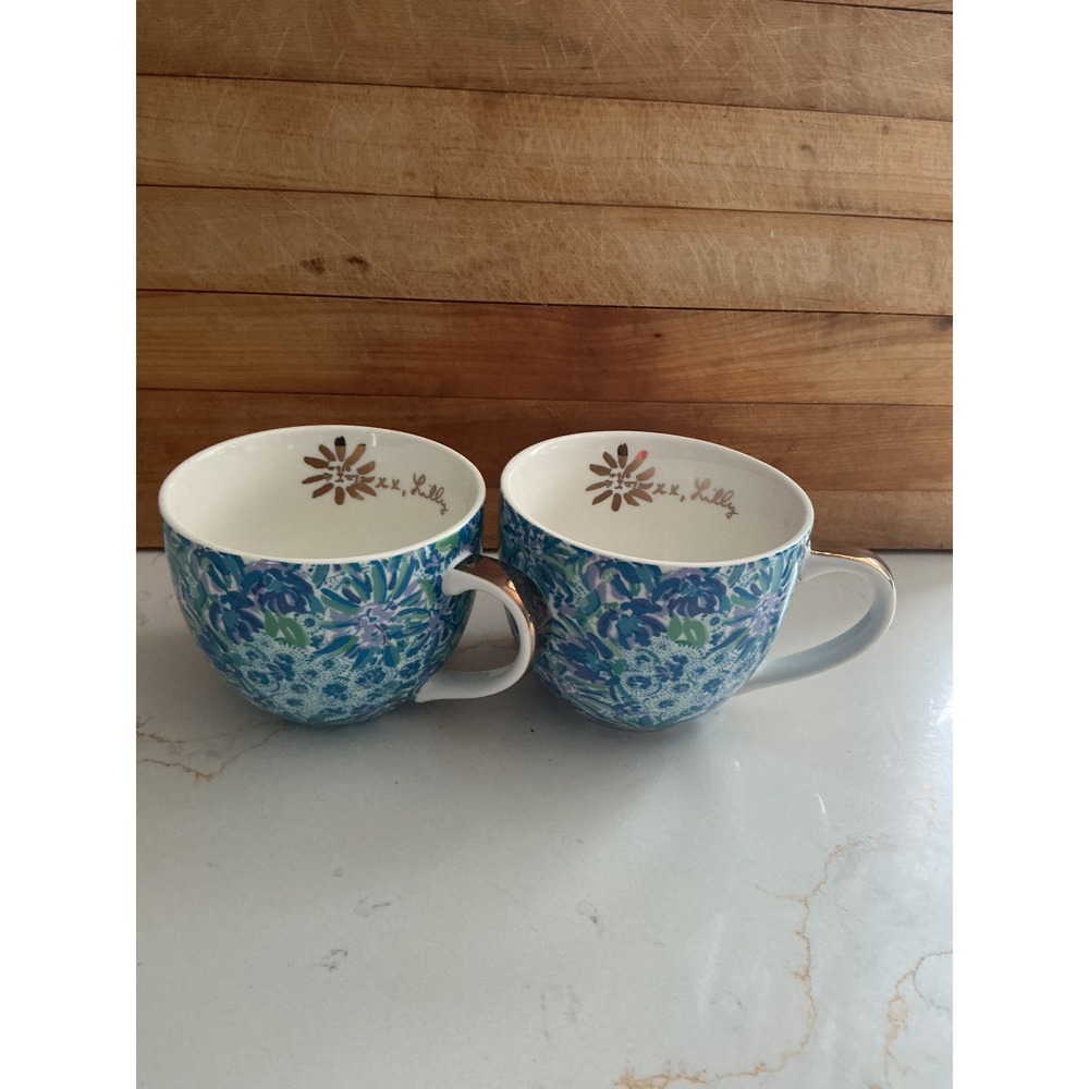 Lilly Pulitzer Floral Ceramic Coffee Mugs Set of 2 Blue Green Gold Handle